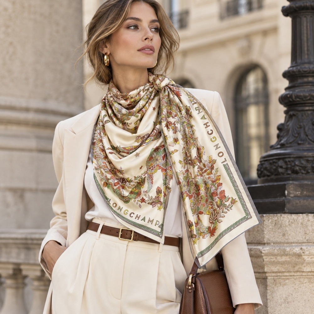 Longchamp Organic Silk Scarf Animal Floral Print Made in Italy 50647GSO037 Cream